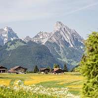 View of a clear lake in Switzerland with mountain panorama 