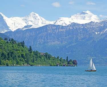 Thuner See bei Thun mit schönem Panoramablick auf die Bergwelt - Schweiz Thuner See bei Thun mit schönem Panoramablick auf die Bergwelt - Schweiz