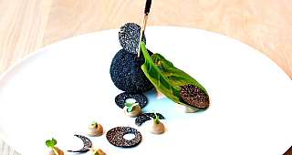 Eine Vorspeise auf weißem Teller in einem schönen Hotel in Frankreich 