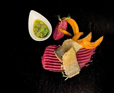 Harz salmon trout fillet with beetroot puree, oven squash & parsley walnut pesto Harz salmon trout fillet with beetroot puree, oven squash & parsley walnut pesto