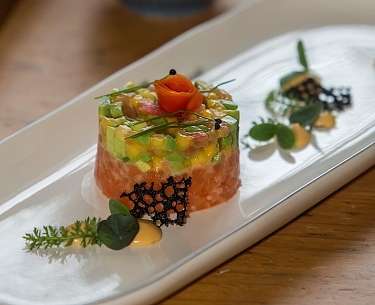 Saiblingstatar mit Avocado und Kokos Saiblingstatar mit Avocado und Kokos